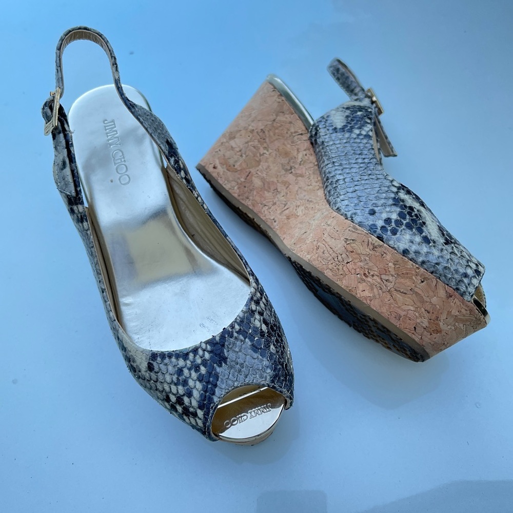 Jimmy Choo Python Snake Print Wedge Cork Strap Sa… - image 3